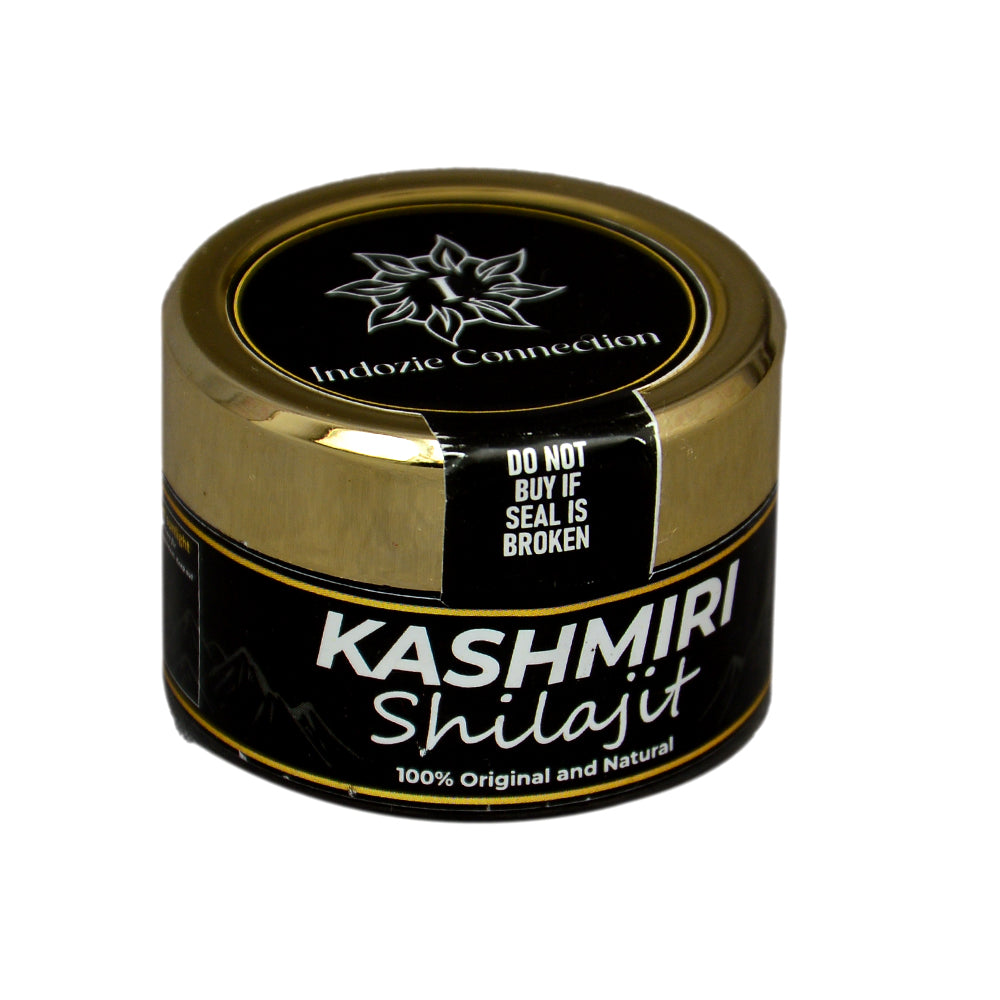 Angled view of Pure Shilajit Resin by Indozie Connection, showcasing premium Shilajit in a jar, available in Australia for enhanced wellness and vitality.