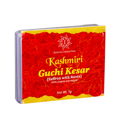 Premium Kashmiri Guchi Saffron with Roots – Front View of Elegant Packaging, showcasing rich red saffron threads