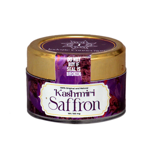 Premium Kashmiri Saffron Threads – 100% Pure Crocus Sativus Kesar in Elegant Packaging, Front View.