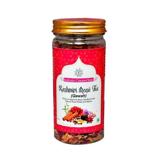 Shahi Kashmiri Kahwa (Whole Leaf) – Front view of the premium packaging showcasing the blend of whole-leaf green tea, saffron, rose petals, and other aromatic spices 